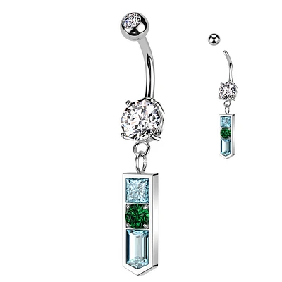 316L Surgical Steel White CZ Gem Ball with Pointed Aqua and Green Dangle Belly Ring