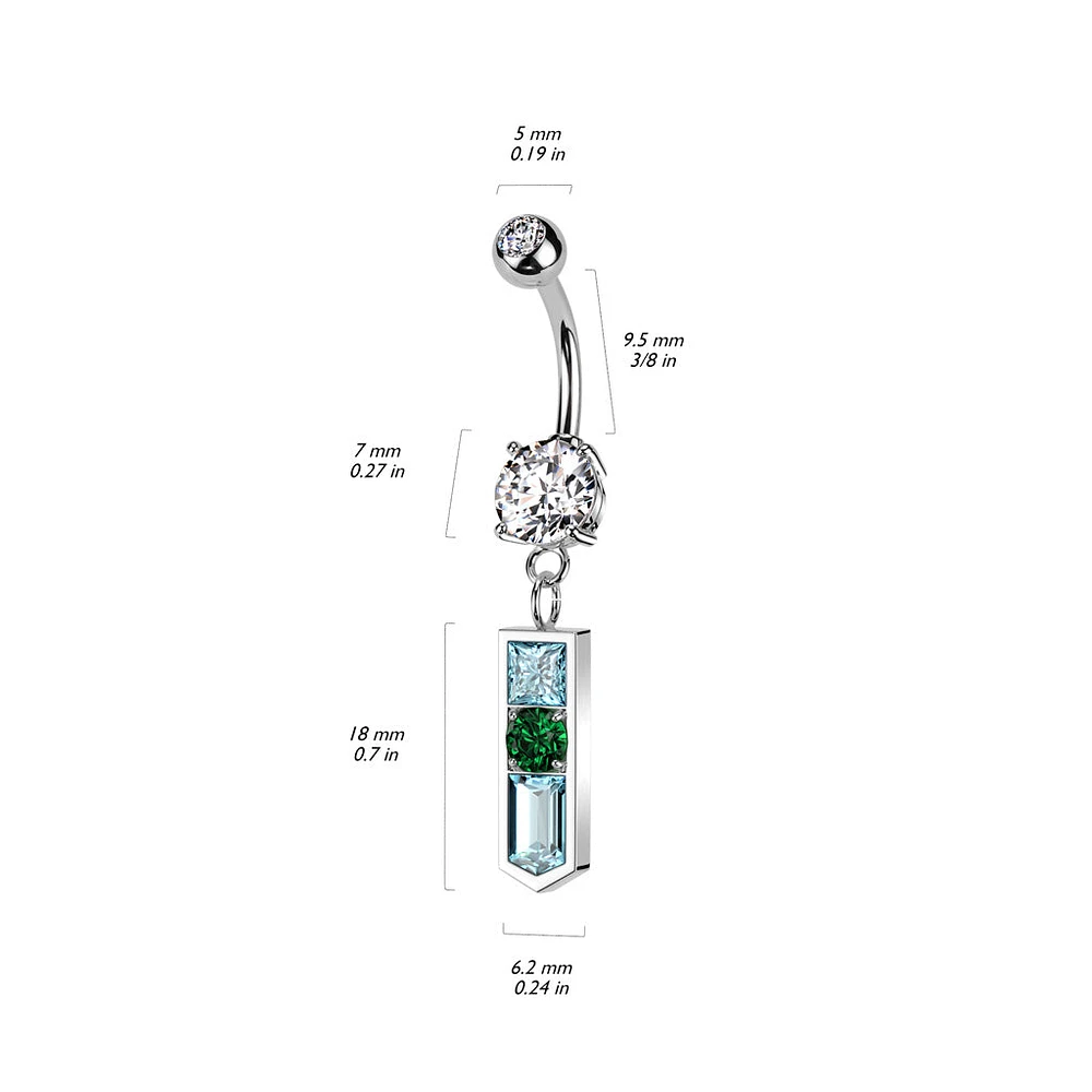 316L Surgical Steel White CZ Gem Ball with Pointed Aqua and Green Dangle Belly Ring