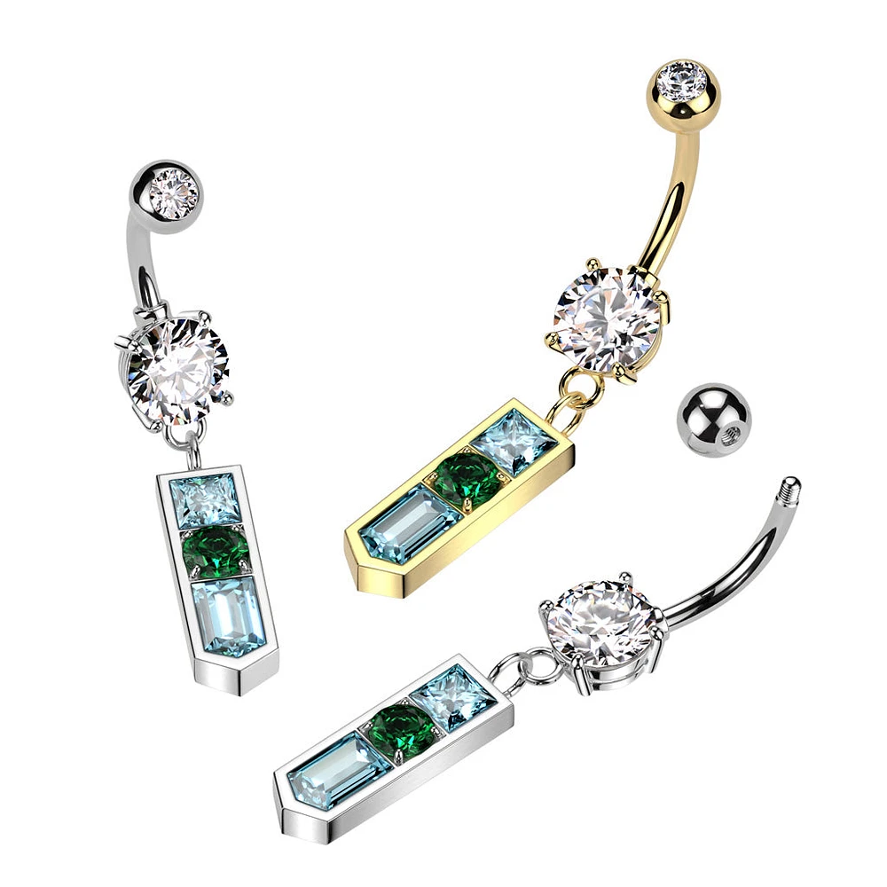 316L Surgical Steel White CZ Gem Ball with Pointed Aqua and Green Dangle Belly Ring