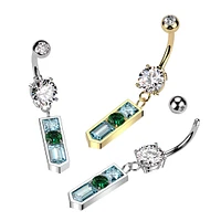 316L Surgical Steel White CZ Gem Ball with Pointed Aqua and Green Dangle Belly Ring