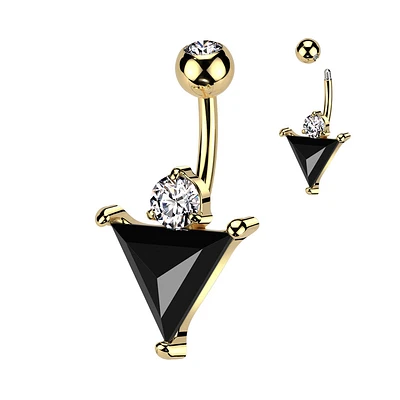 316L Surgical Steel Gold PVD Black CZ Triangle With White CZ Gem Belly Ring