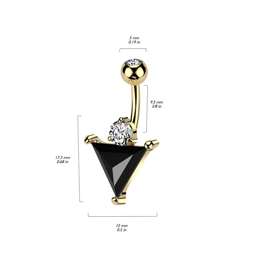 316L Surgical Steel Black CZ Triangle With White CZ Gem Belly Ring