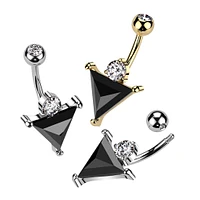 316L Surgical Steel Gold PVD Black CZ Triangle With White CZ Gem Belly Ring