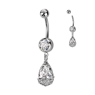 316L Surgical Steel White CZ Teardrop With Flowers Dangly Belly Ring