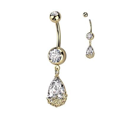 316L Surgical Steel Gold PVD White CZ Teardrop With Flowers Dangly Belly Ring
