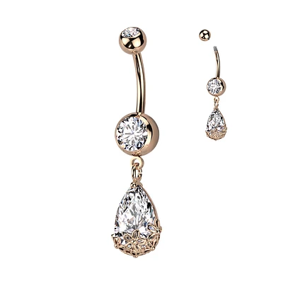 316L Surgical Steel Rose Gold PVD White CZ Teardrop With Flowers Dangly Belly Ring