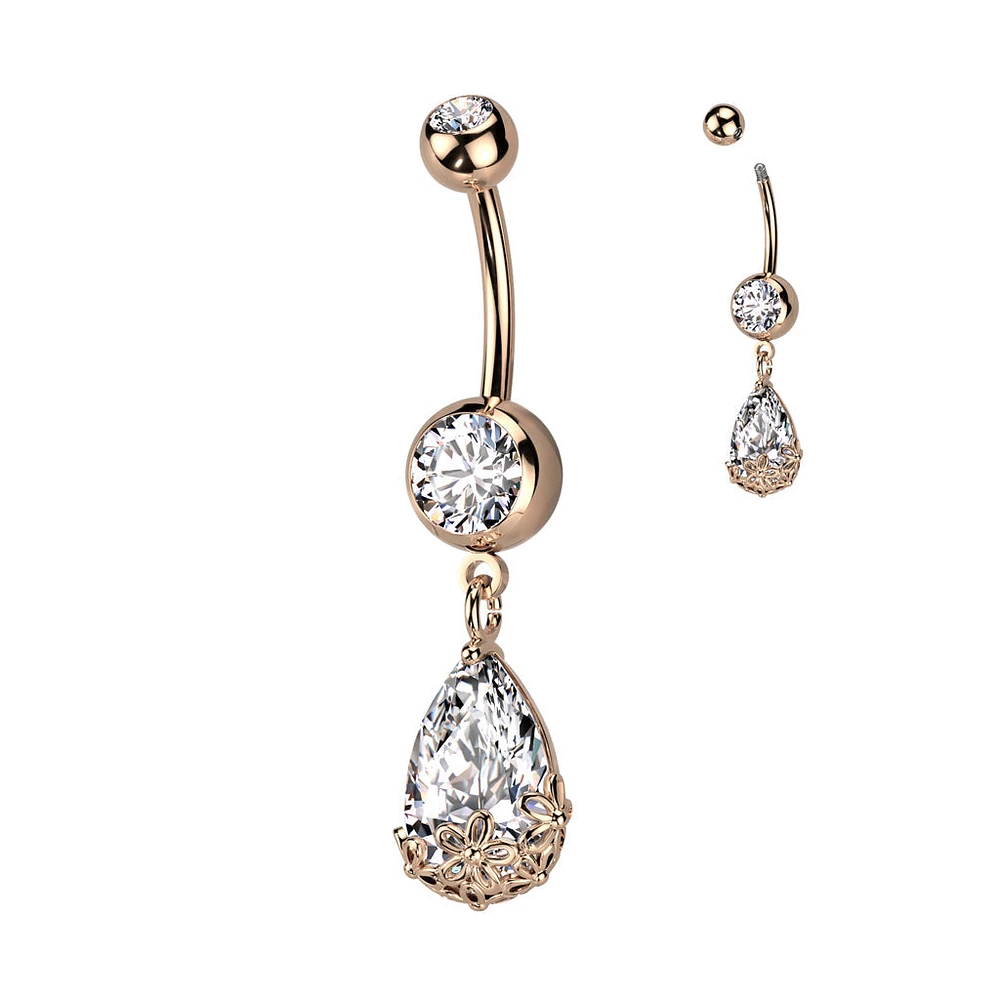 316L Surgical Steel Rose Gold PVD White CZ Teardrop With Flowers Dangly Belly Ring