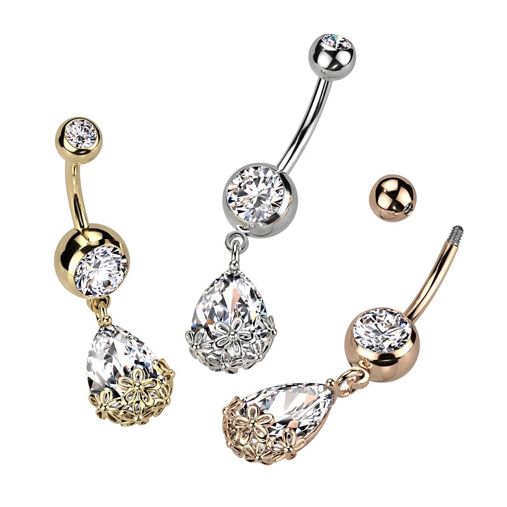 316L Surgical Steel White CZ Teardrop With Flowers Dangly Belly Ring