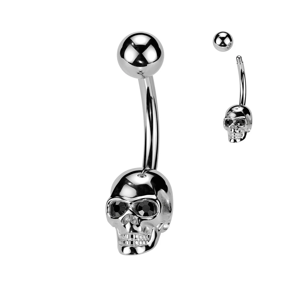 316L Surgical Steel Black CZ Eyes Skull Non Dangle Belly Ring