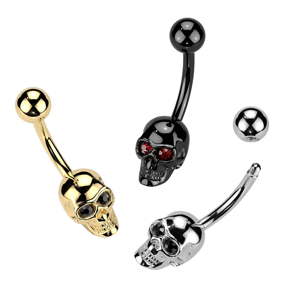 316L Surgical Steel Black PVD Red CZ Eyes Skull Non Dangle Belly Ring