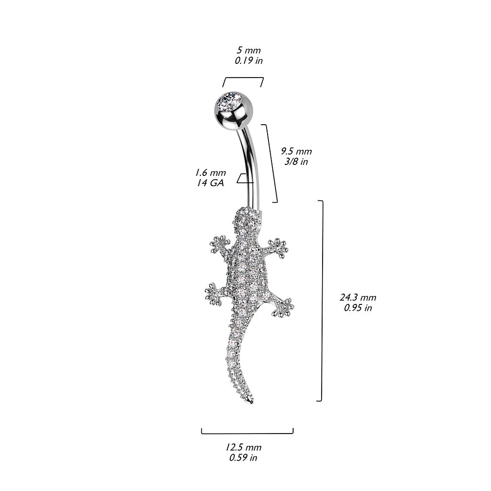 316L Surgical Steel Gold PVD White CZ Lizard Gecko Non Dangle Belly Ring