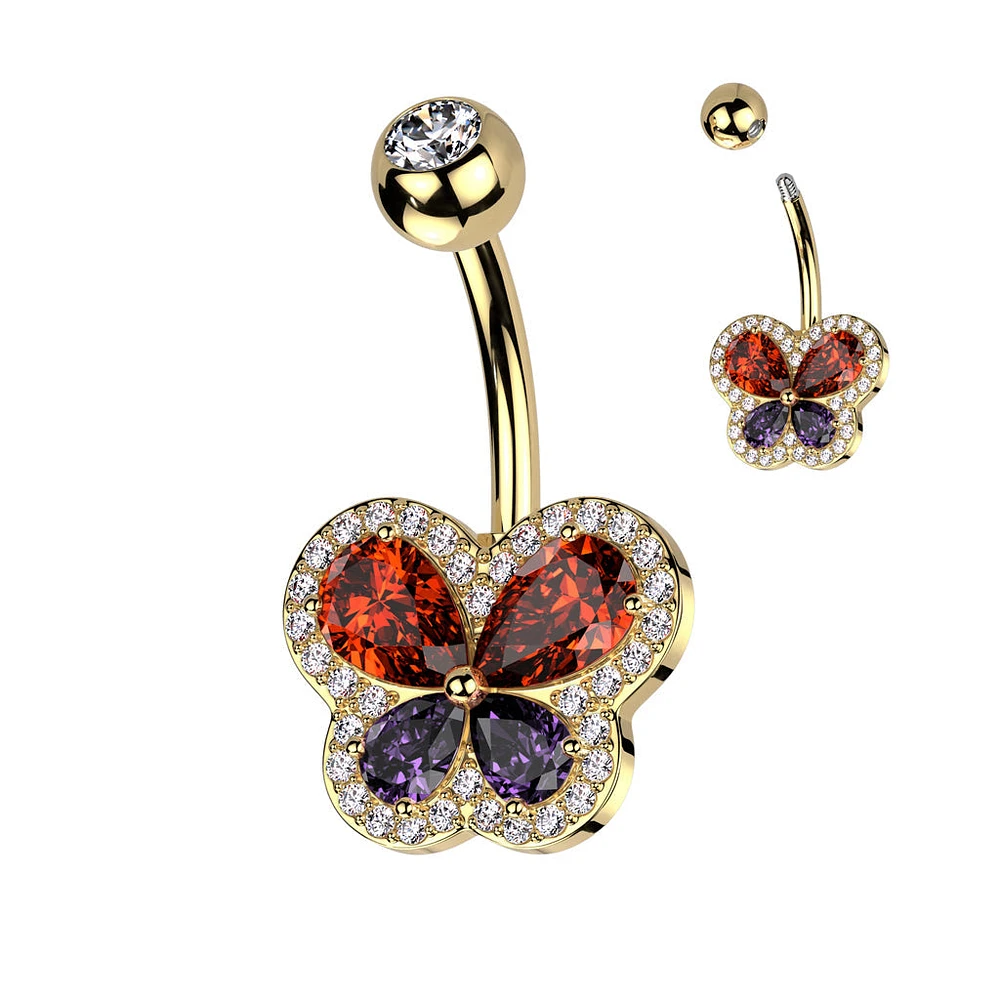 316L Surgical Steel Gold PVD Red Purple Butterfly White CZ Pave Gem Belly Ring