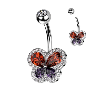 316L Surgical Steel Red Purple Butterfly White CZ Pave Gem Belly Ring