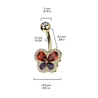 316L Surgical Steel Red Purple Butterfly White CZ Pave Gem Belly Ring