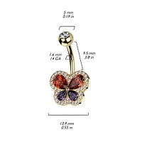 316L Surgical Steel Gold PVD Red Purple Butterfly White CZ Pave Gem Belly Ring