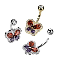 316L Surgical Steel Gold PVD Red Purple Butterfly White CZ Pave Gem Belly Ring