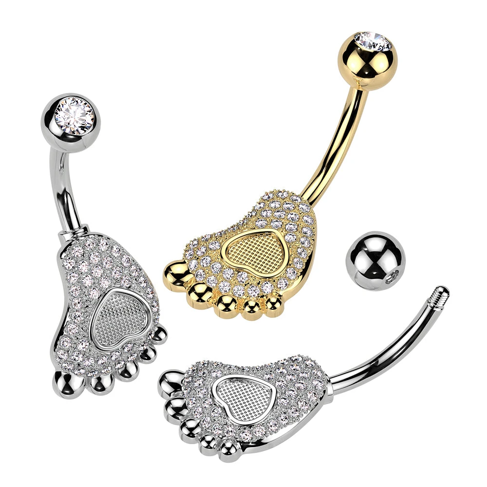 316L Surgical Steel Gold PVD White CZ Heart Baby Foot Belly Ring