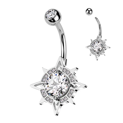 316L Surgical Steel White CZ Pave Starburst Belly Ring