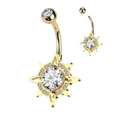 316L Surgical Steel Gold PVD White CZ Pave Starburst Belly Ring