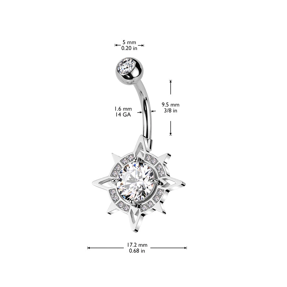 316L Surgical Steel White CZ Pave Starburst Belly Ring