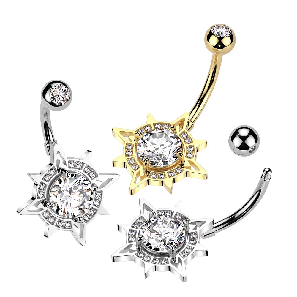 316L Surgical Steel White CZ Pave Starburst Belly Ring
