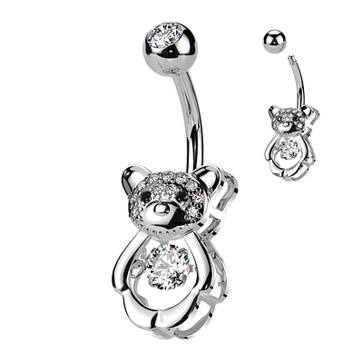 316L Surgical Steel White CZ Gem Teddy Bear Belly Ring