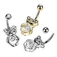316L Surgical Steel Gold PVD White CZ Gem Teddy Bear Belly Ring