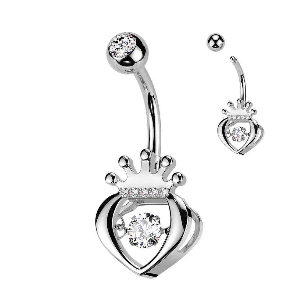 316L Surgical Steel White CZ Claddagh Crown Heart Shaped Belly Ring