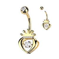 316L Surgical Steel Gold PVD White CZ Claddagh Crown Heart Shaped Belly Ring