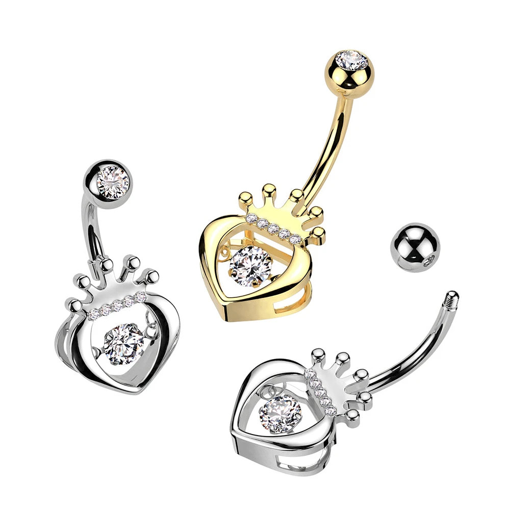 316L Surgical Steel White CZ Claddagh Crown Heart Shaped Belly Ring