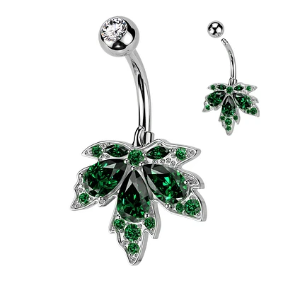 316L Surgical Steel Green CZ Multi-Gem Large Leaf Design Belly Ring