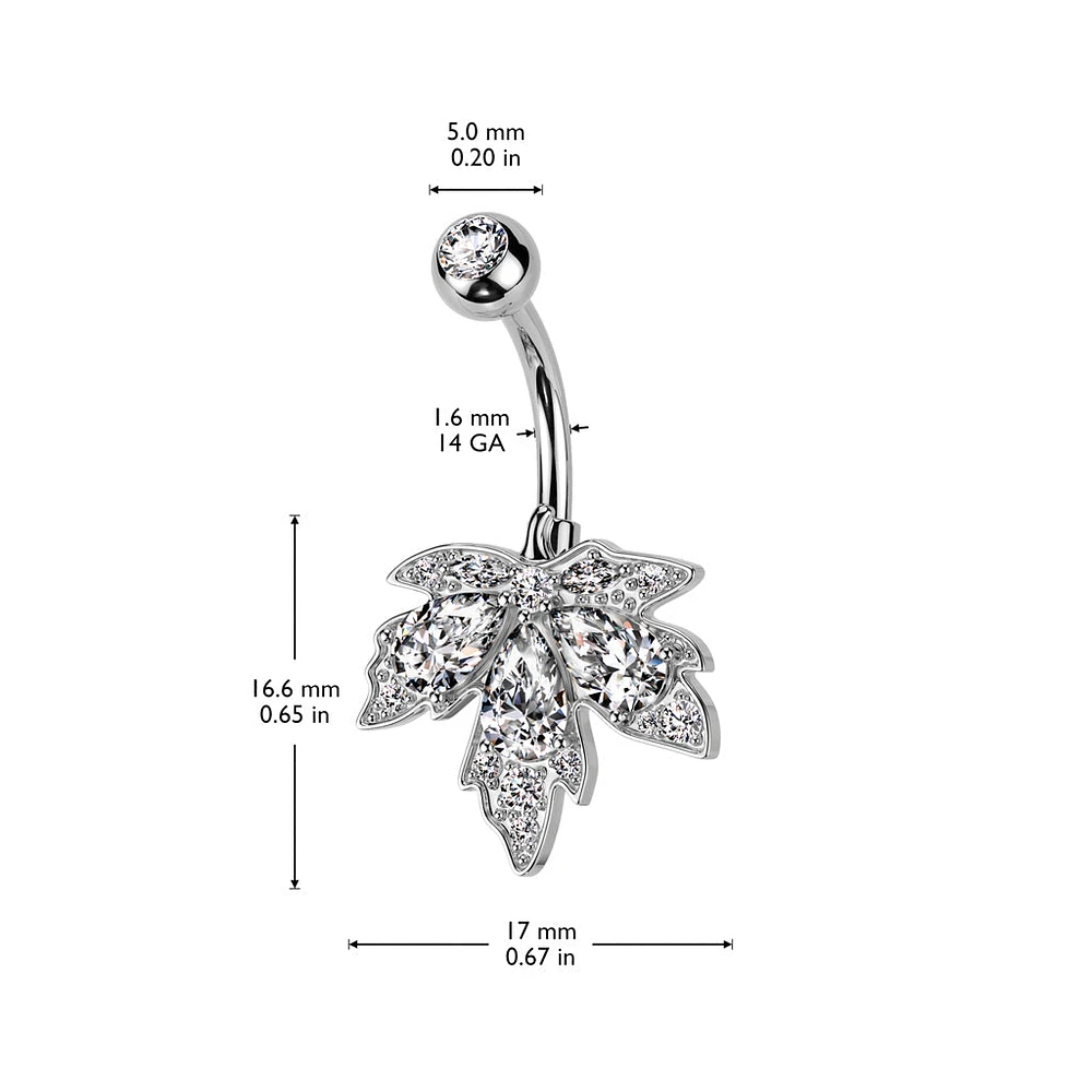 316L Surgical Steel White CZ Multi-Gem Large Leaf Design Belly Ring