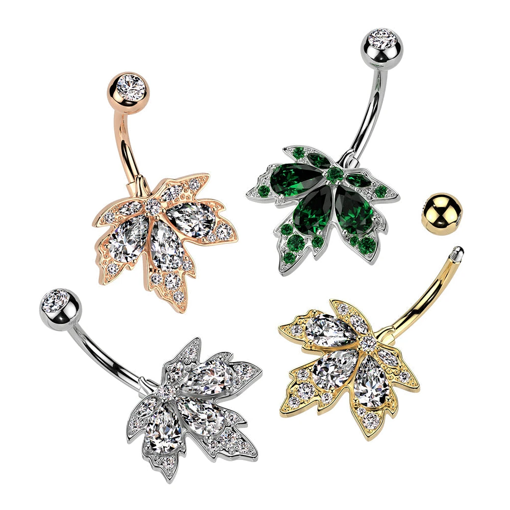 316L Surgical Steel White CZ Multi-Gem Large Leaf Design Belly Ring