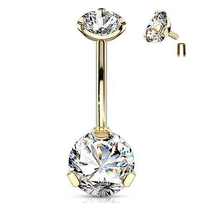 316L Surgical Steel Gold PVD Internally Threaded White CZ Belly Ring
