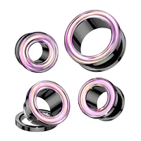 316L Surgical Steel Black PVD Iridescent Rainbow Screw On Flared Tunnels