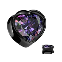 316L Surgical Steel Black PVD Vitrail Medium CZ Heart Shaped Double Flared Plug