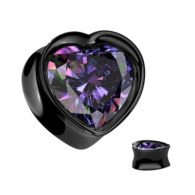 316L Surgical Steel Black PVD Vitrail Medium CZ Heart Shaped Double Flared Plug