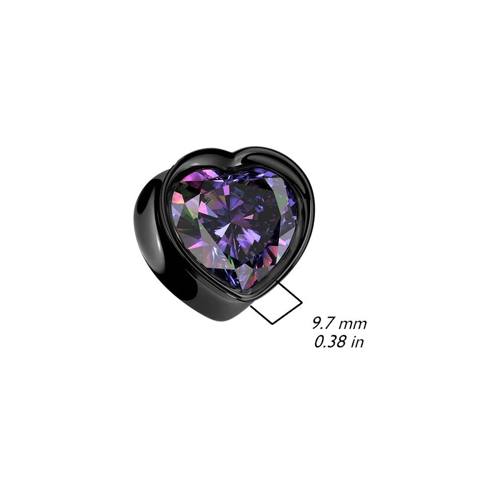 316L Surgical Steel Black PVD Vitrail Medium CZ Heart Shaped Double Flared Plug