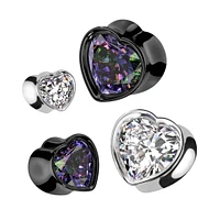 316L Surgical Steel Black PVD Vitrail Medium CZ Heart Shaped Double Flared Plug