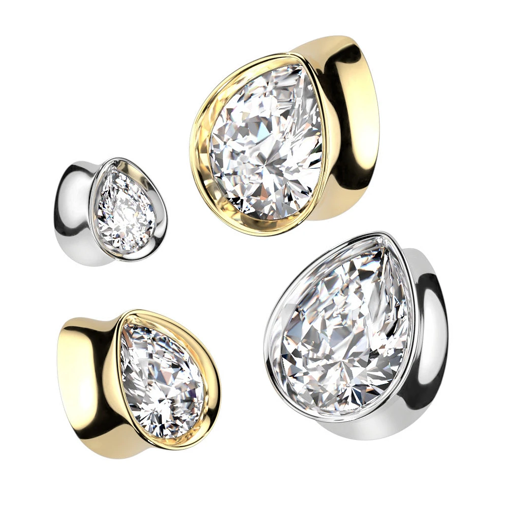 316L Surgical Steel Gold PVD White CZ Teardrop Shaped Double Flared Plug