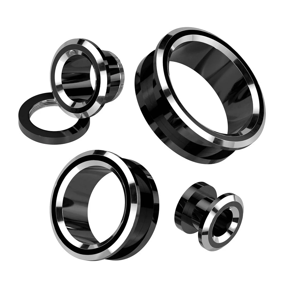 2-Tone Black PVD & Surgical Steel Screw On Ear Tunnels