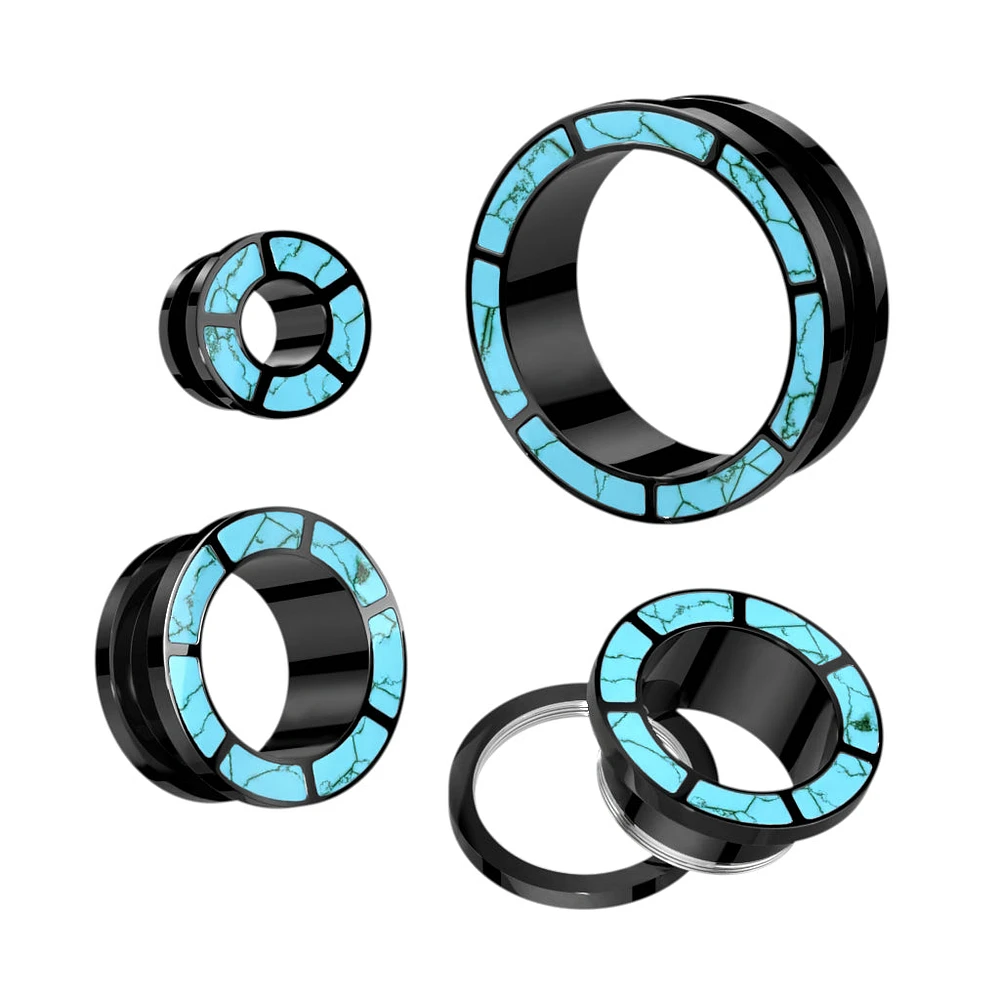 316L Surgical Steel Black PVD Turquoise Rim Screw On Ear Tunnels