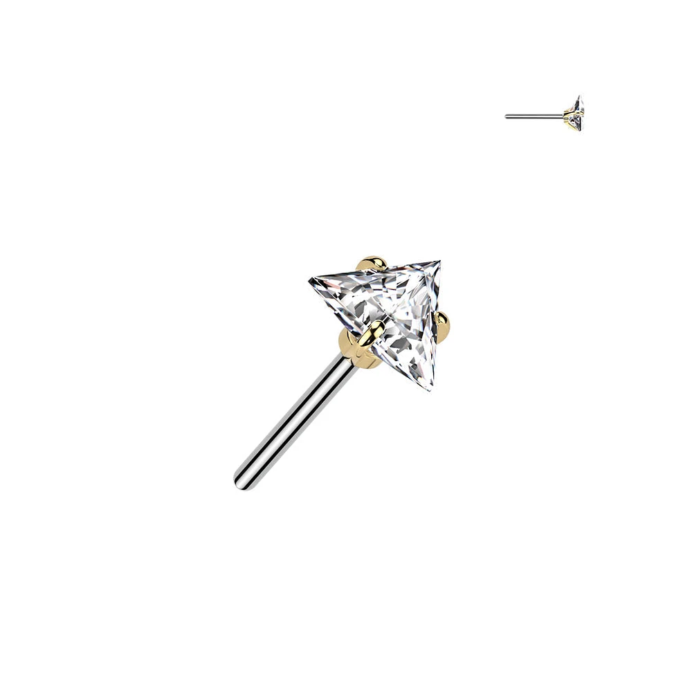 Implant Grade Titanium Gold PVD White CZ Triangle Shaped Gem Threadless Push In Labret With Flat Back