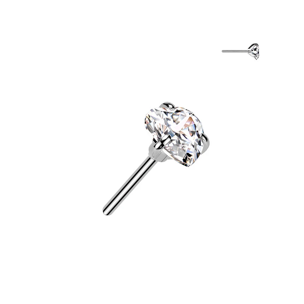 Implant Grade Titanium Threadless CZ Heart Shaped Gem Push In Labret With Flat Back