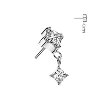 Implant Grade Titanium White CZ Square Gem Dangly Threadless Push In Labret