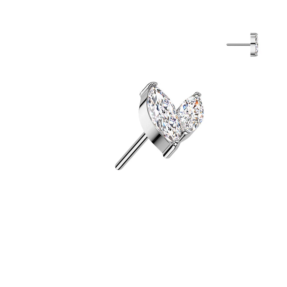 Implant Grade Titanium White CZ Leaf Marquise Gem Push In Threadless Labret With Flat Back