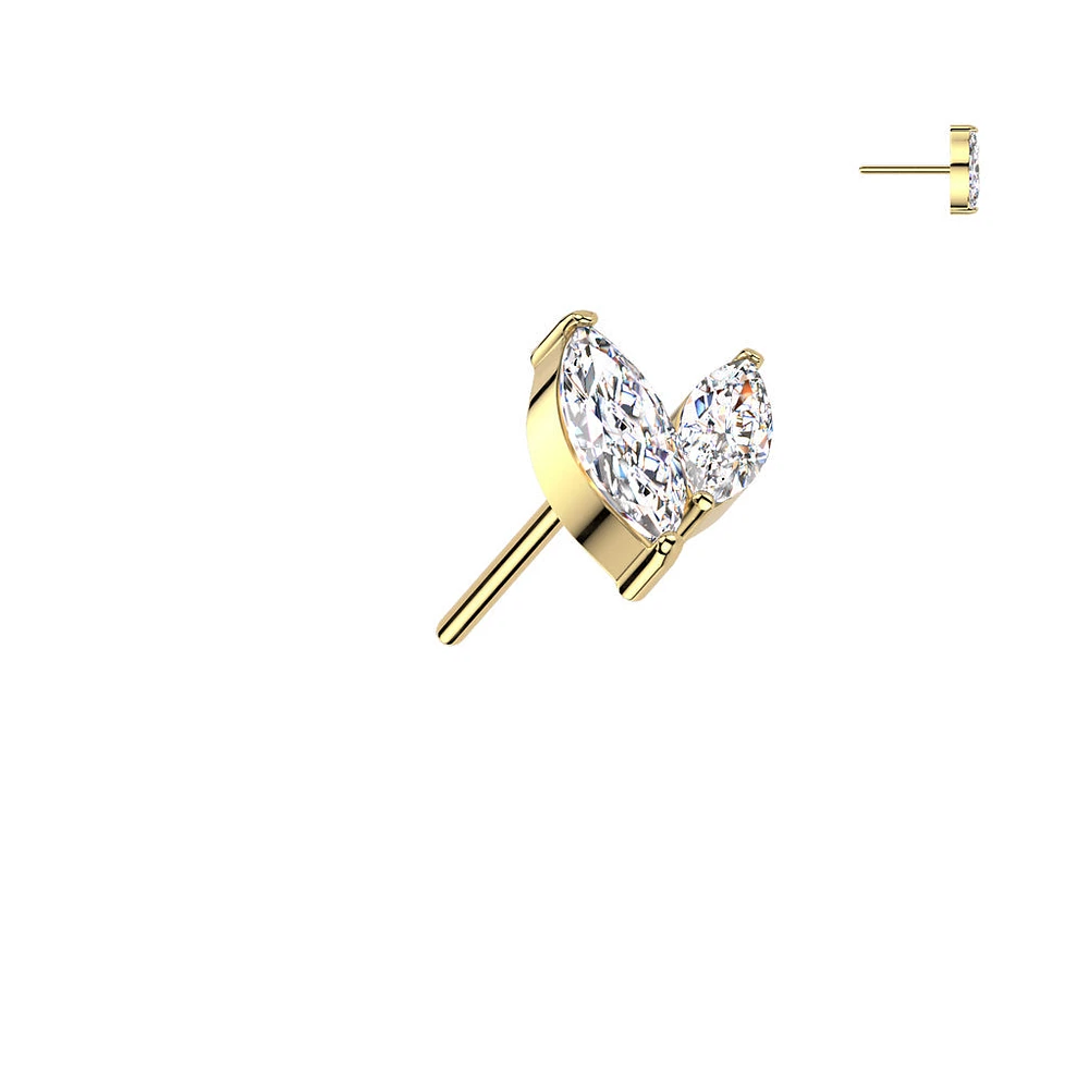 Implant Grade Titanium Gold PVD White CZ Leaf Marquise Gem Push In Threadless Labret With Flat Back