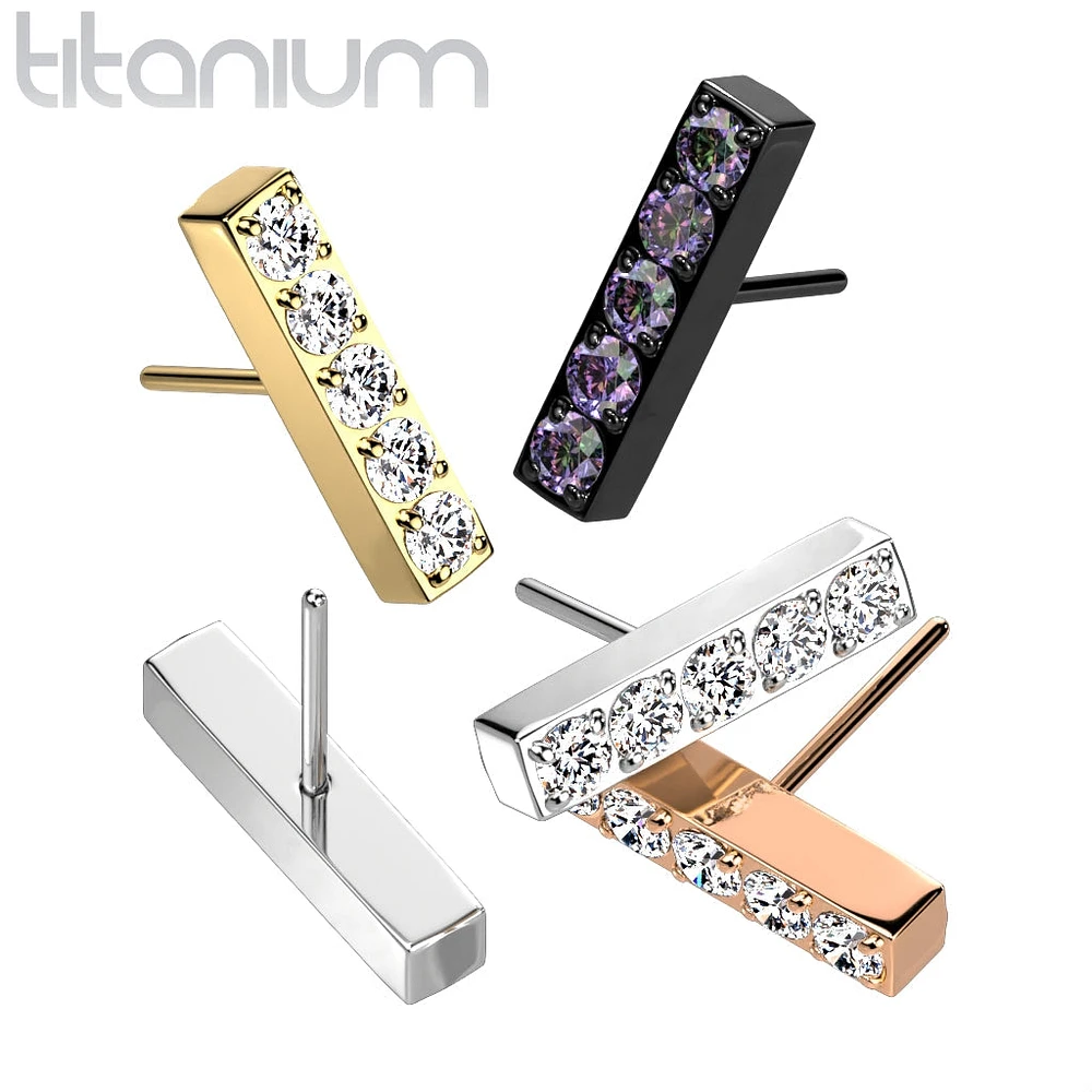 Implant Grade Titanium Gold PVD Threadless Push In Labret White Studded CZ Rectangle Bar