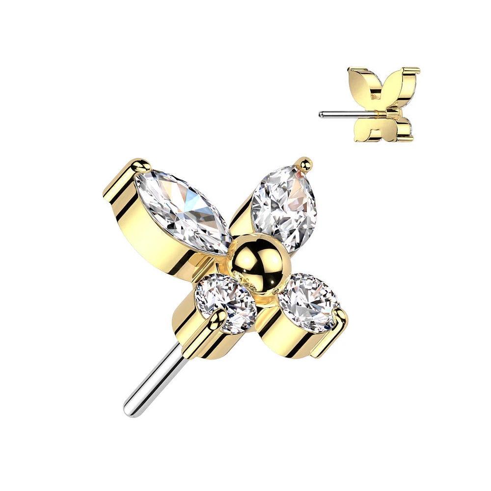 Implant Grade Titanium Gold PVD Dainty White CZ Gem Butterfly Threadless Push In Labret
