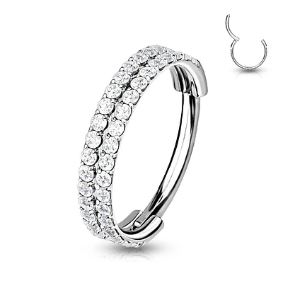 316L Surgical Steel Double Row White CZ Pave Hinged Clicker Hoop